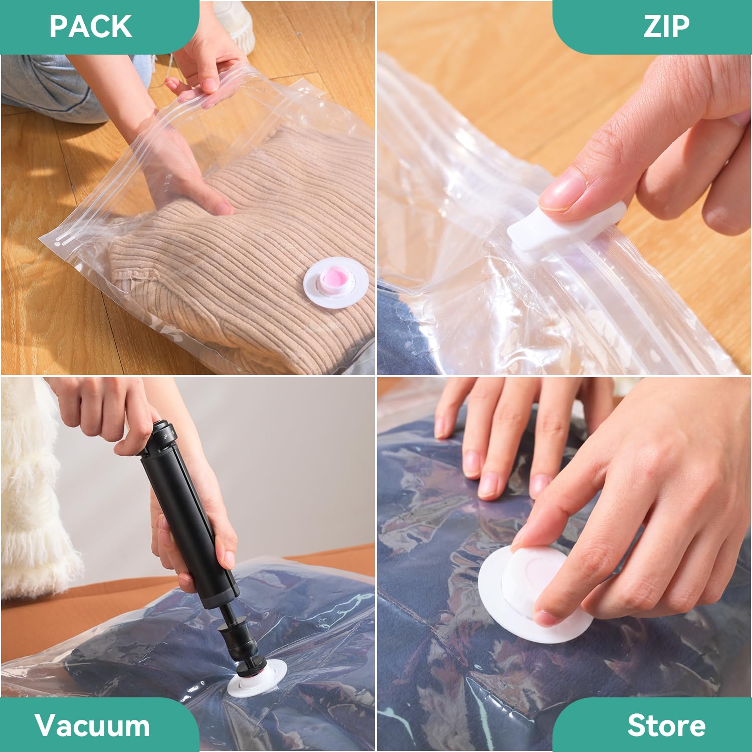 Sacchetti Sottovuoto Vestiti, 12 Pezzi Tipo Spesso Sacchetti Sottovuoto, 80x100 60x80 50x70 40x60cm Sacchetti Compressione Sottovuoto, Riutilizzabili per Piumoni, Trasparente, Lenzuola,Piumoni Cuscini