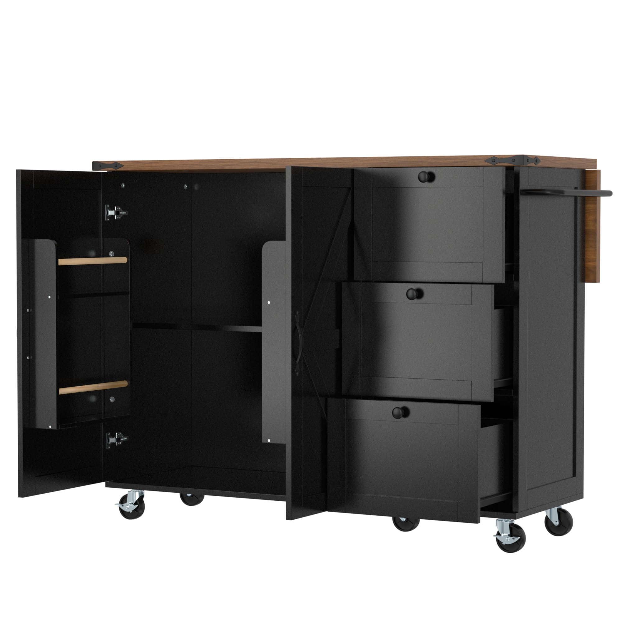 Isola da cucina, carrello da portata con piano di lavoro estraibile, mobile da cucina, carrello da cucina con venature del legno, carrello da pranzo con due ante e tre cassetti (nero)