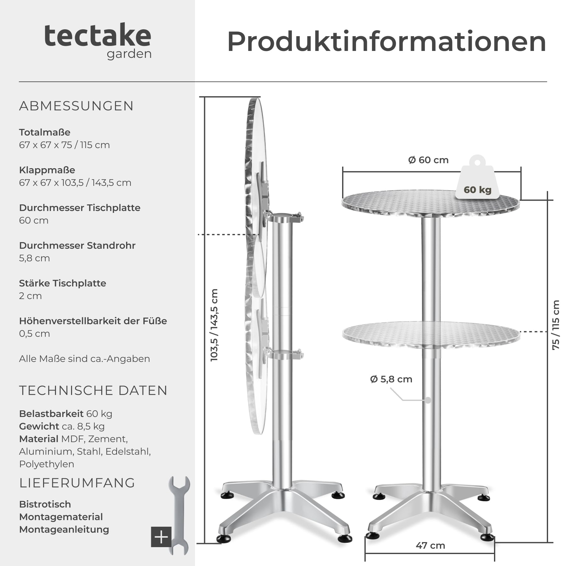 tectake® Aluminium-Bistrotisch klappbar, 2in1, höhenverstellbar, Ø 60
