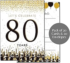 80th Birthday Party Invitations | 80 Years | Black and Gold | Confetti Streamers Party Invitations | Fill in Style | 20 Count with Envelopes | Surprise Party