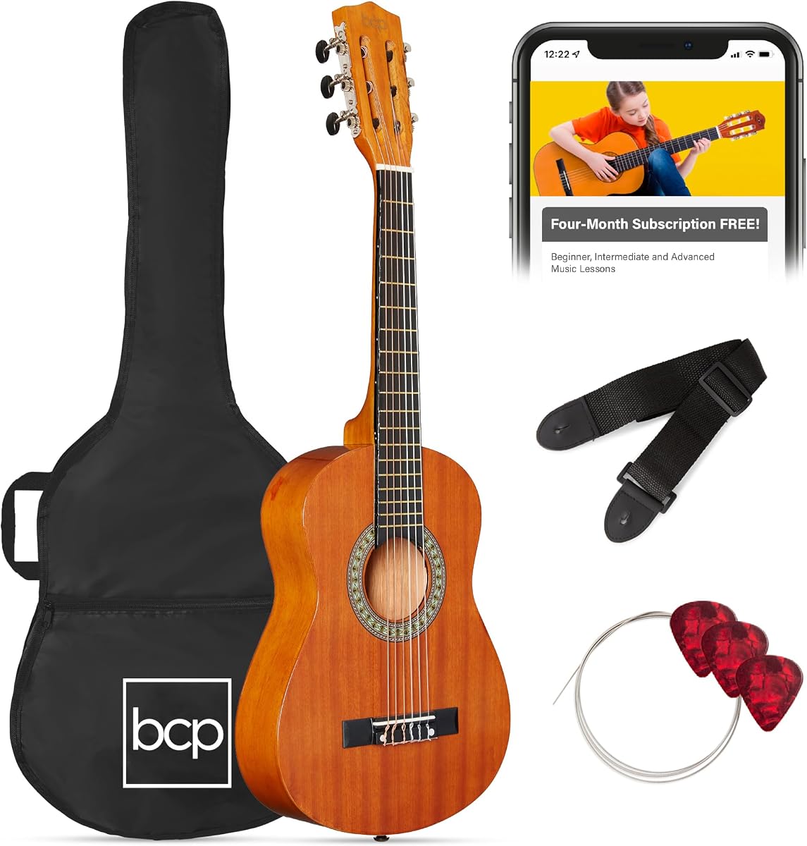 Best Choice Products Guitarra acústica para niños de 30 pulgadas, kit de iniciación todo en uno para principiantes con correa, estuche, cuerdas adicionales, incrustaciones de roseta - Caoba natural