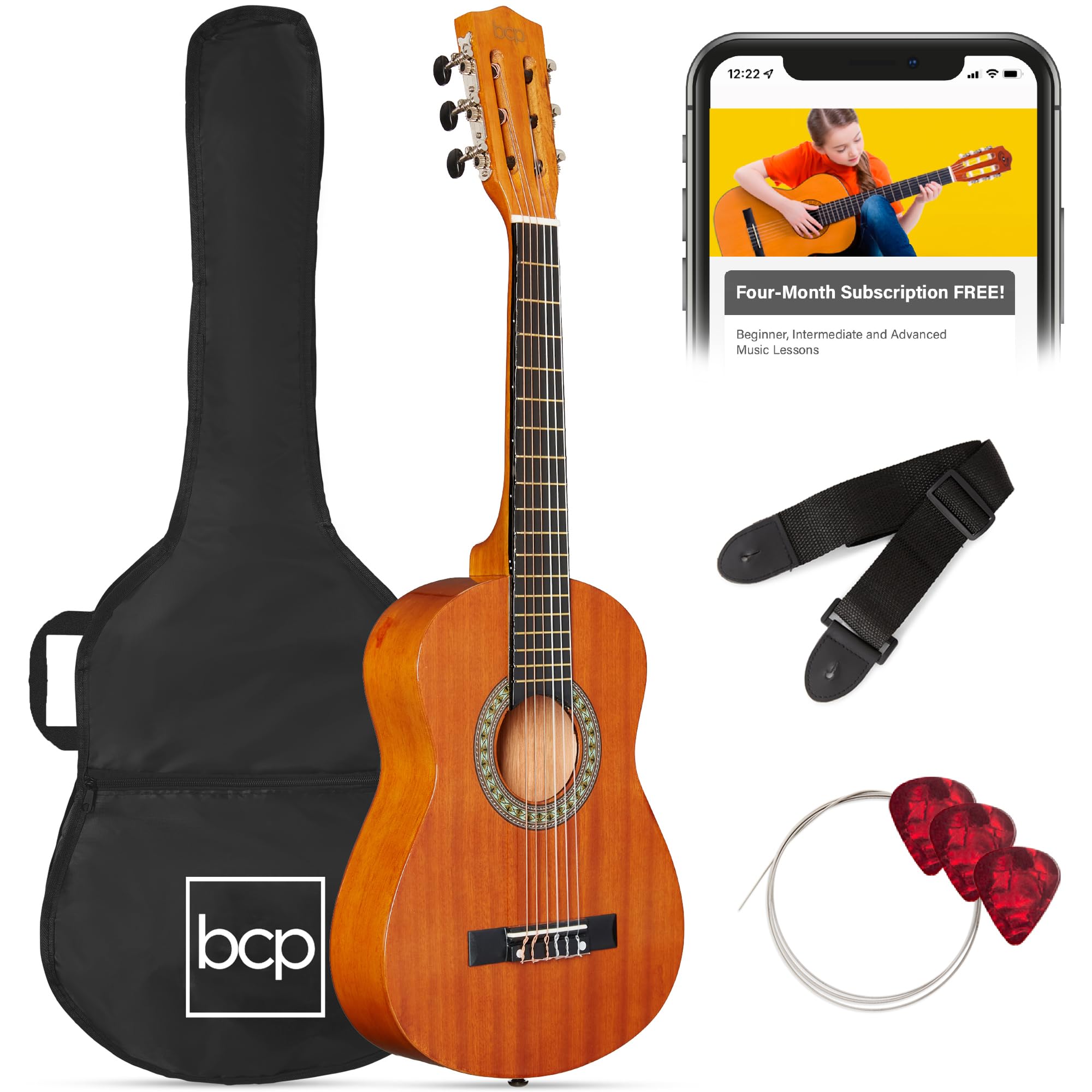 Best Choice Products 30in Kids Acoustic Guitar Beginner Starter Kit with Strap, Case, Strings - Natural Mahogany