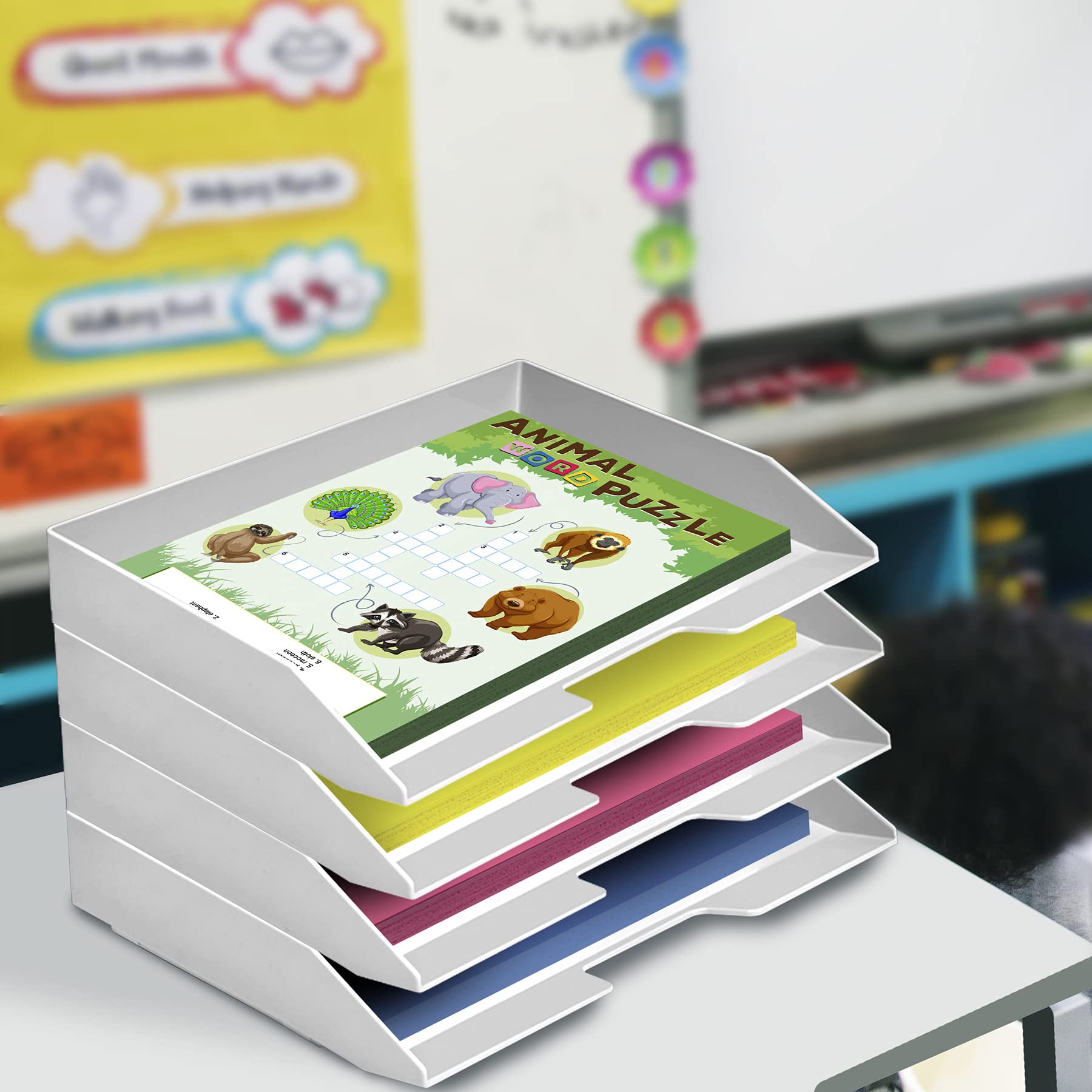 Acrimet Stapelbare Briefablage im Querformat, Büro-Organizer für Papier und Dokumente im A4-Format, Robuster Kunststoff (Farbe Weiß) (4 Stück)