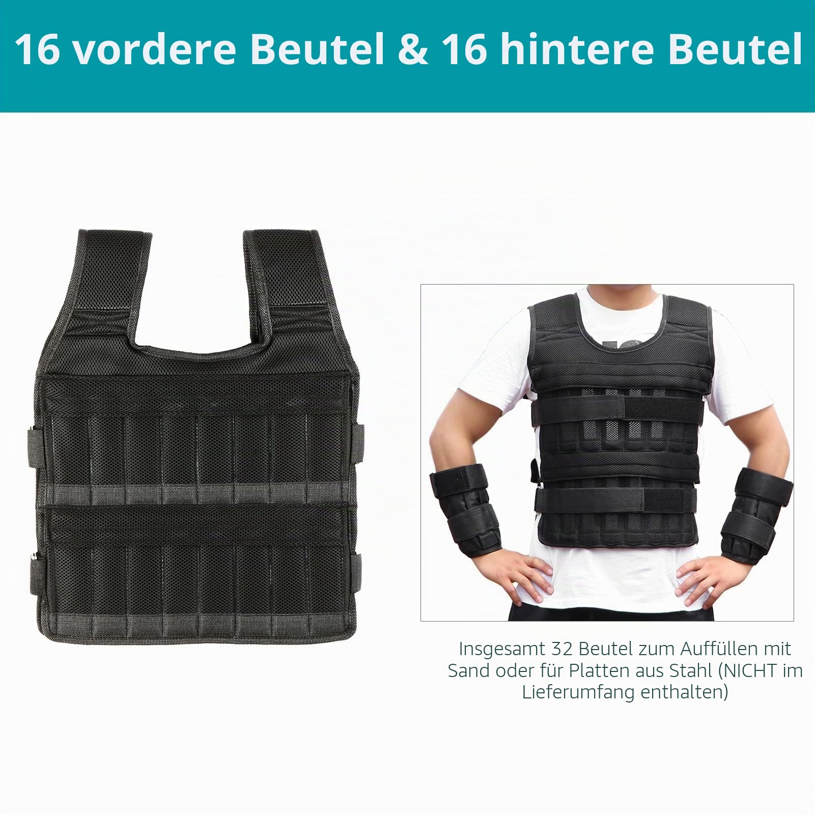 35kg Gewichtsweste mit 6kg Bein- und 5kg Armgewichten, Verstellbare Trainingweste mit 32 Taschen, Mesh-Gewebe, Stoßabsorbierende Schultergurte, Langlebig