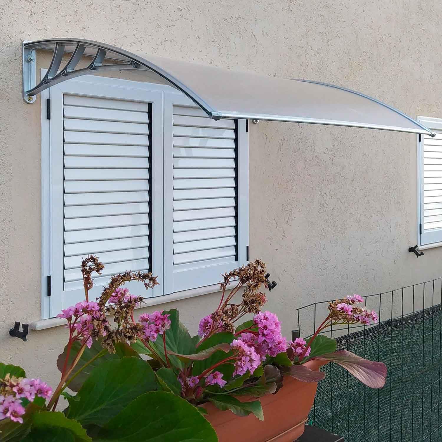 Arcadia - Pensilina da esterno per porte e finestre in PP e policarbonato 120x80 cm (Bianca vetro trasparente)