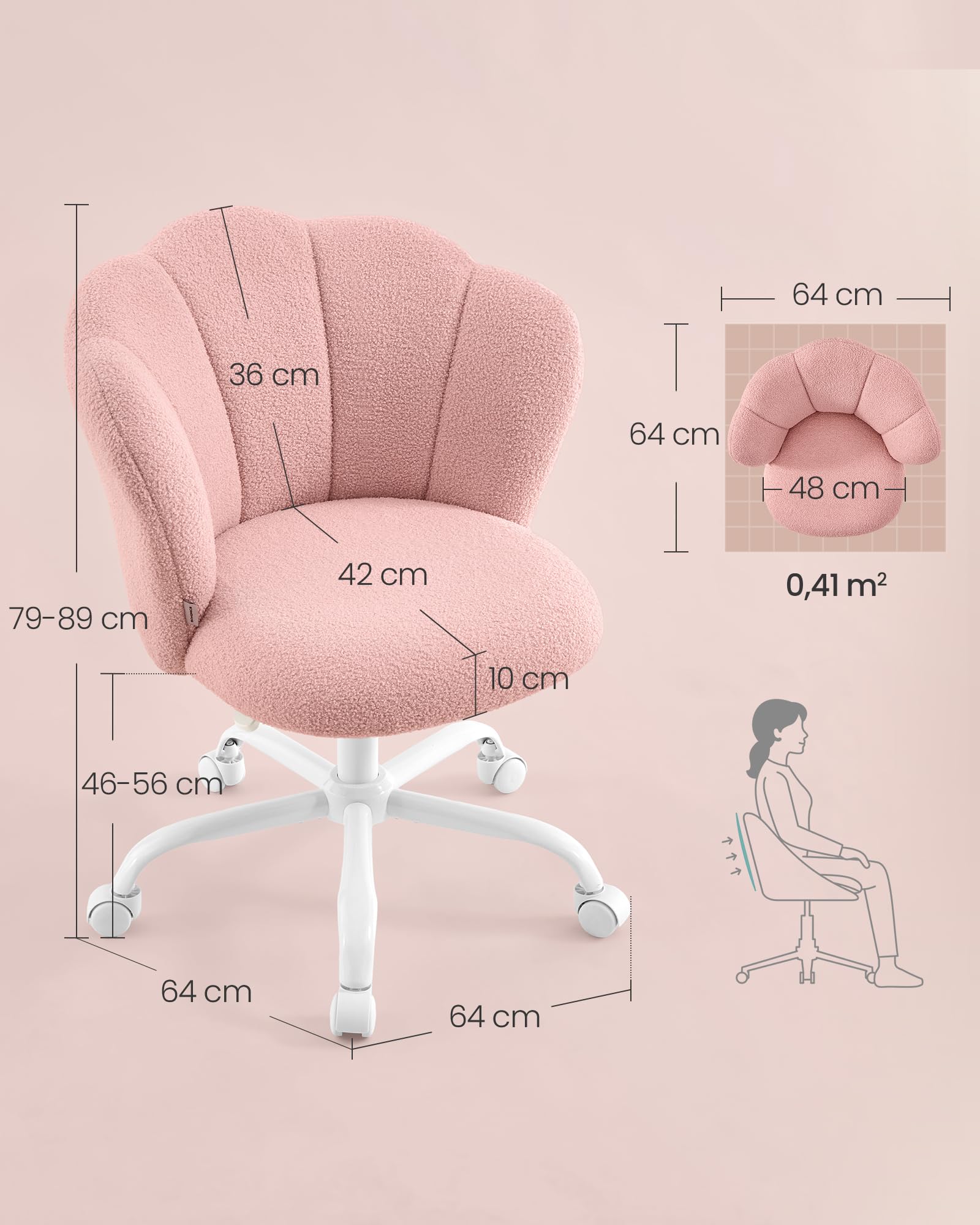 SONGMICS OBG030SA02 Obrotowe krzesło biurowe, toaletka pod toaletkę, pluszowy polar, nośność 110 kg, oparcie z płatkami, regulowana wysokość, do salonu, sypialni, żelowo-różowy