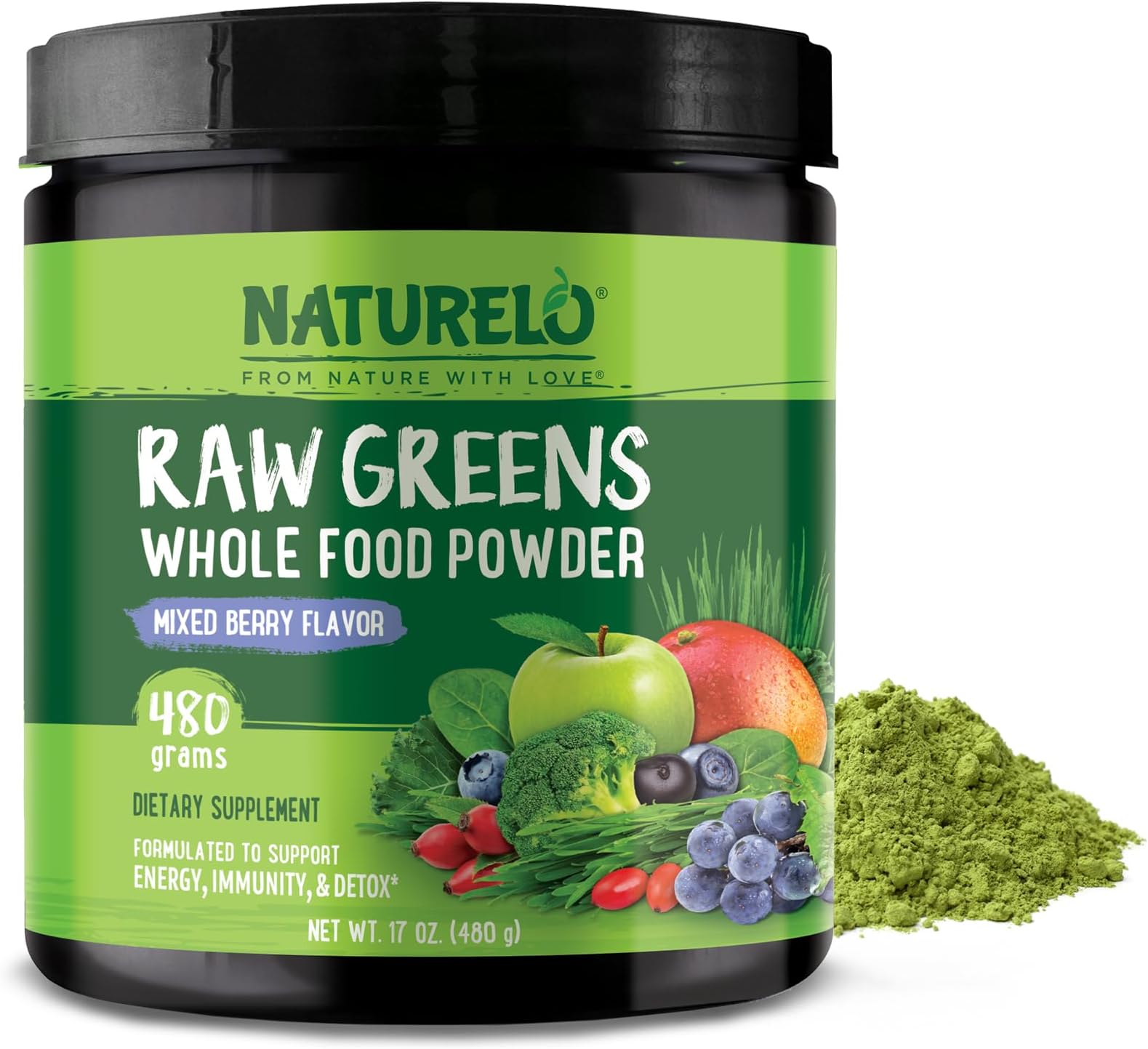 NATURELO Raw Greens Superfood Powder 480 Grams, Mixed Berry - Supports Energy, Immunity and Detox - Includes Spirulina, Wheat Grass and Organic Greens for Whole Food Nutrition
