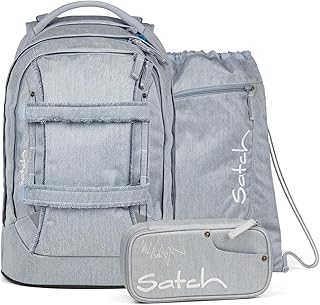 Satch Pack Set of 3 from 5th Class Ergonomic 30L Storage Space with Pencil Box Sports Bag, Washed Blue - Blue, Unit size, School bag set