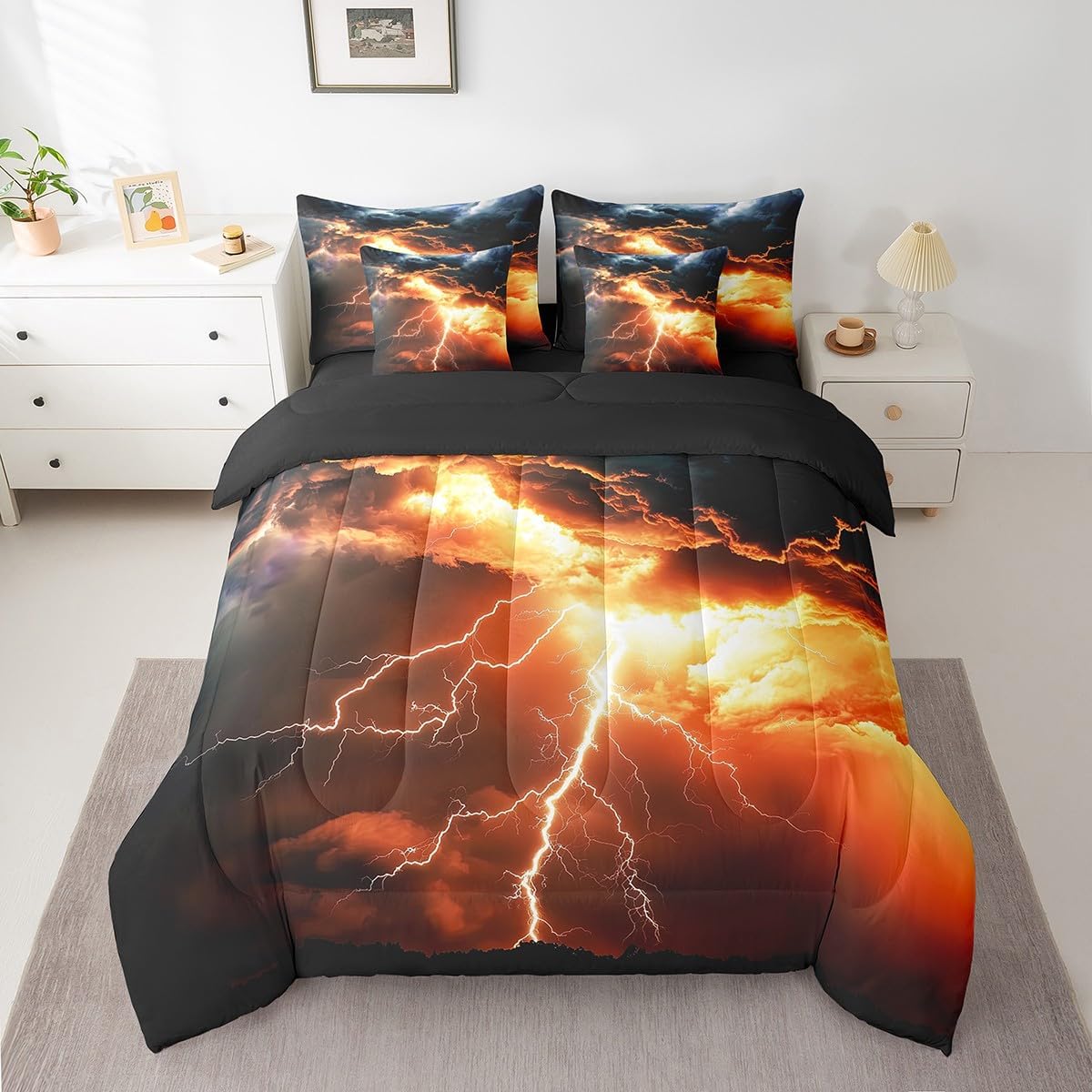 Erosebridal Lightning Storm Bedding Sets for Kids Boys,Red Lightning 7 Piece Queen Comforter Set Teen Men Adults,Grey Dark Clouds Bed in A Bag Natural Disaster Sheet Set with Comforter
