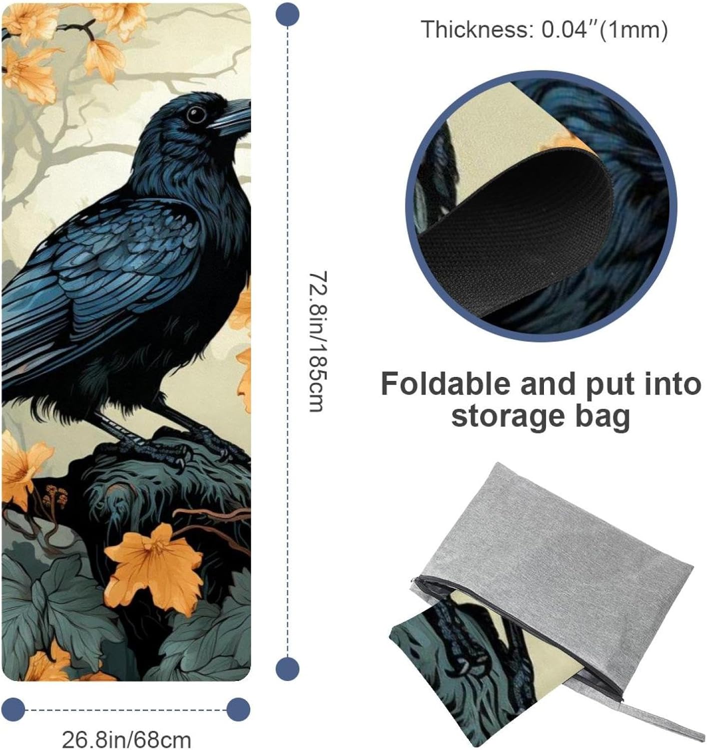 Yoga Towel, Black Crow Pattern Non Slip Sweat Absorbent Hot Yoga Mat Towel for Hot Yoga, Pilates and Fitness - 72.8" x 26.8"