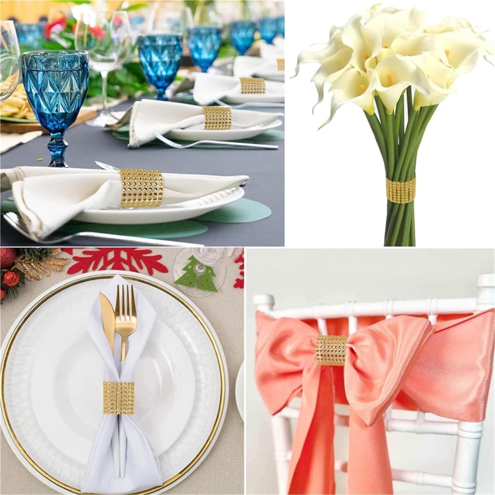 Serviettenringe mit Strasssteinen, 200 Stück, glitzernde Dekoration, Geschenke, Hochzeit, Abendessen (Gold)
