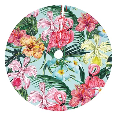 Tropical Flamingo Flower Palm Tree Leaf Botanical 36 Inch Christmas Tree Skirt Carpet Mat Funny Party Decor Supplies for Xmas Halloween Decorations Occasion Ornament