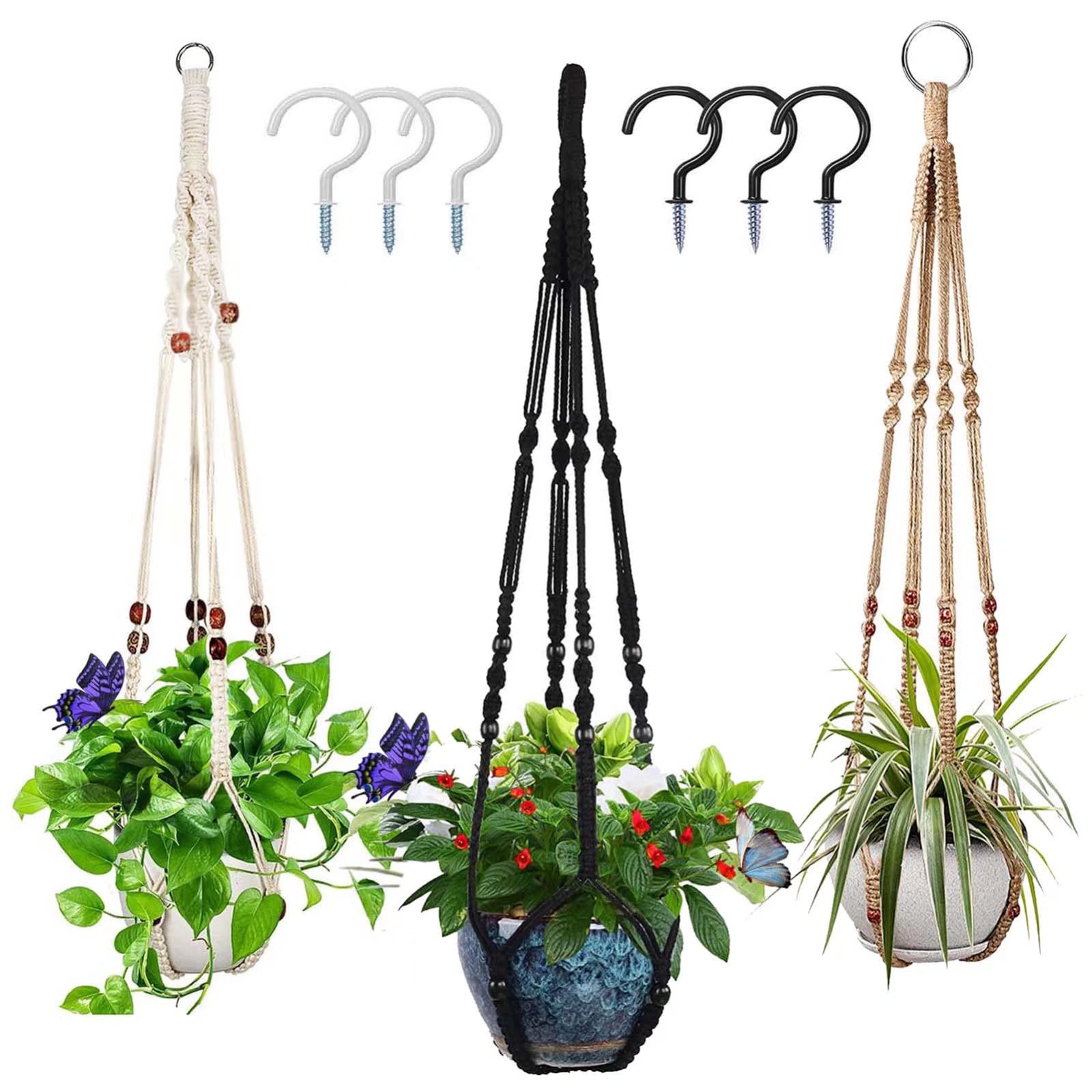 Macrame Plant Hanger 3 Colors Indoor Outdoor Hanging Planter Holder 35'' Ceiling Plant Hanger Boho Handmade Plant Cotton Rope with 6 Pcs Hooks for Home Balcony Decor Fits Max 12'' Flower Pot