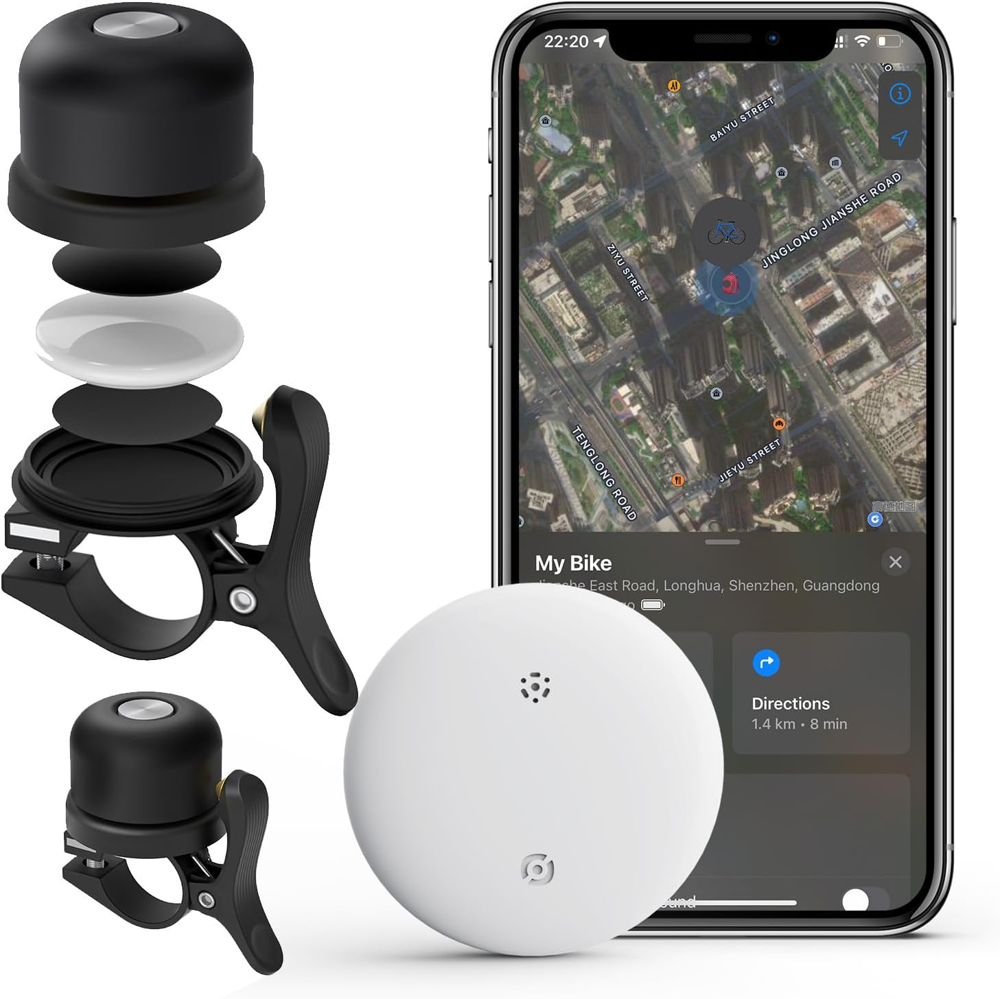 Bike Anti-Theft Tracker, Support Locator Global Tracking, with Bicycle Bell Hidden Holder Accessories, Only Compatible with iOS