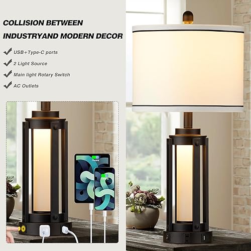Miniatura 4 de 26" Modern Table Lamp with USB A+C Charging Ports & AC Outlet, Industrial Beside Contemporary Lamp Glass LED Night Light for Living Room Bedroom
