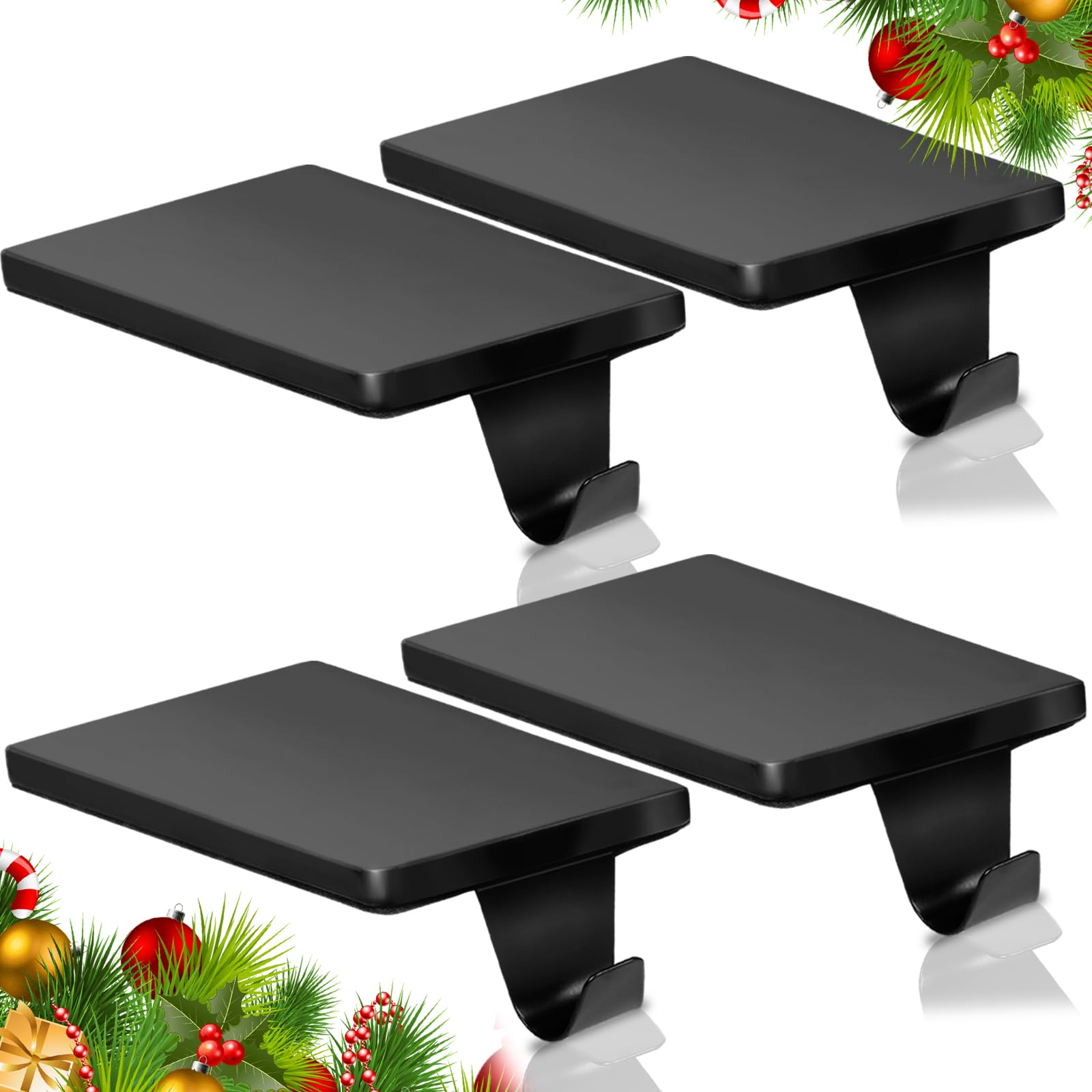HMASYO Christmas Stocking Holders for Mantle Set of 4, Black Heavy Duty Cast Iron Stocking Hangers Base, Low Profile Weighted Stocking Holder Hooks for Fireplace Tabletop Shelf Christmas Decoration