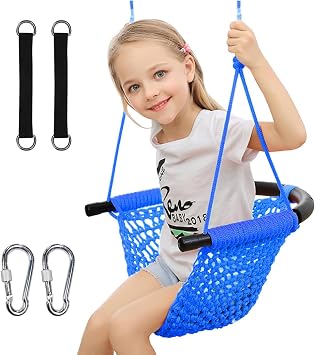 Hand-Knitting Toddler Swing, Swing Seat for Kids with Adjustable Ropes, Little tikes Swings Set, for Outdoor Indoor, Playground, Backyard (Blue)