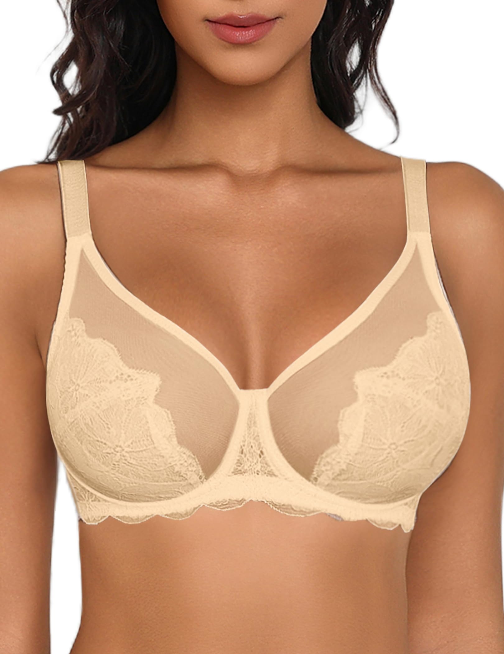 Bras for Women Lace Minimizer Bra Full Coverage Mesh Underwire Bra with Centering Cups Sexy Unlined Brasieres