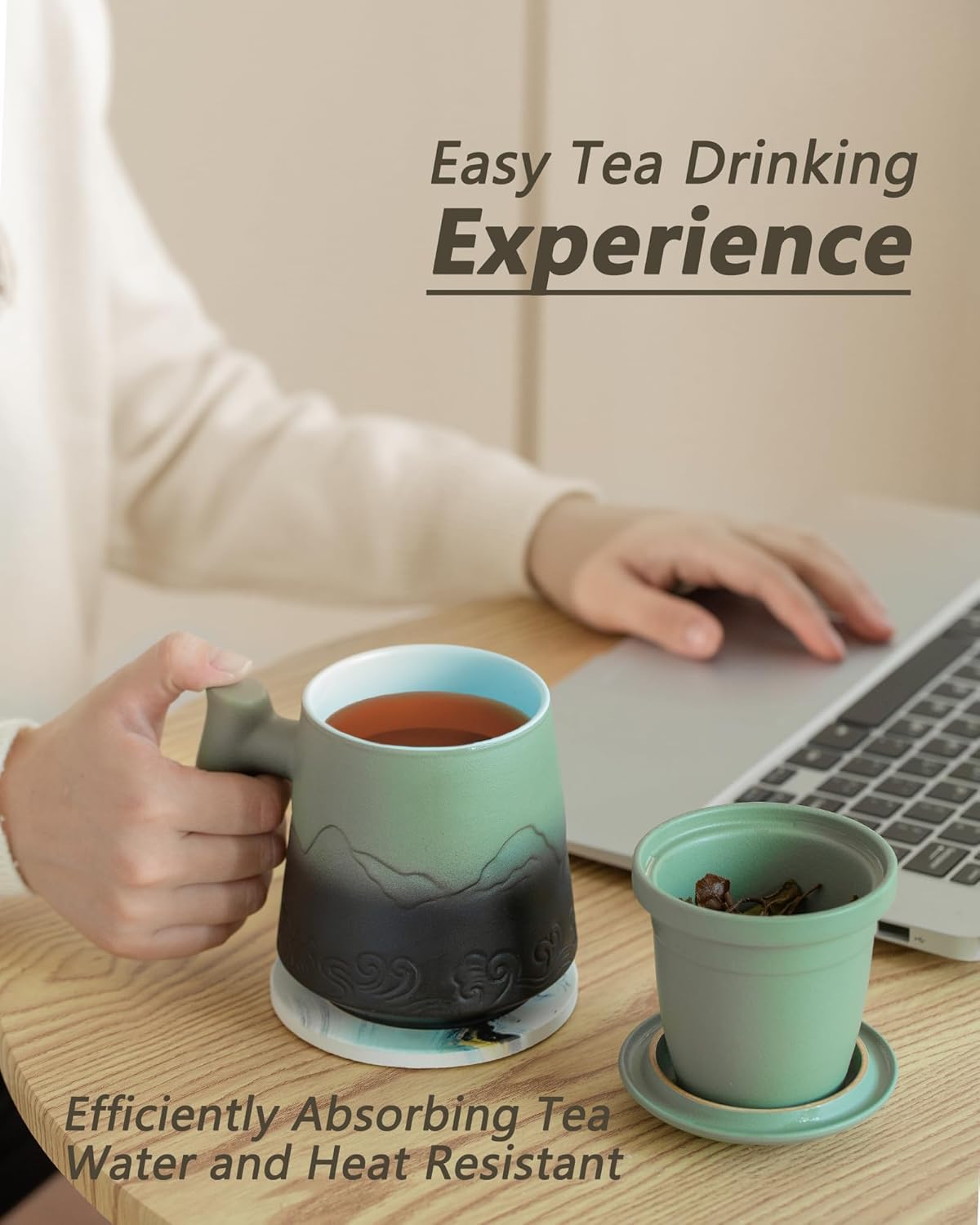 ZENS Tea Mug with Infuser and Lid for Loose Leaf Tea Steeper, 15.2oz Ceramic Tea Cup with Fine Tea Strainers and Absorb Coaster, Wood Handle Large Diffusers Mugs Tea Lovers Gifts - Image 2