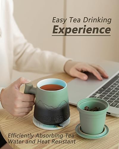Miniatura 2 de ZENS Taza de té con infusor y tapa para té de hojas sueltas, taza de té de cerámica de 15.2 onzas con coladores de té finos y posavasos de