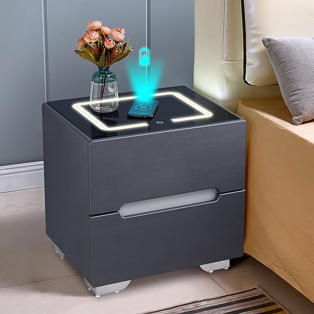 TUKAILAi Smart Bedside Table with Function of Mobile Phone Wireless Charging, 3 Color LED, 2 Drawers, Chest of Drawers Nightstand Bedside Table for Bedroom Living Room Black