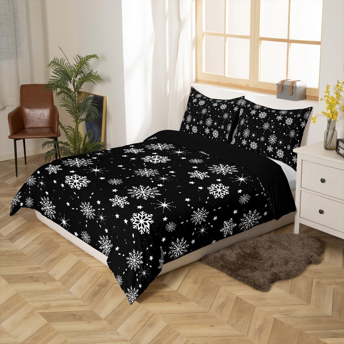 Christmas Duvet Cover Snowflakes Bedding Set For Kids Girls Boys Black And White Quilt Cover King Size Magical Glitter Star Comforter Cover with zipper closure Room Decor With 2 Pillow Cases Black