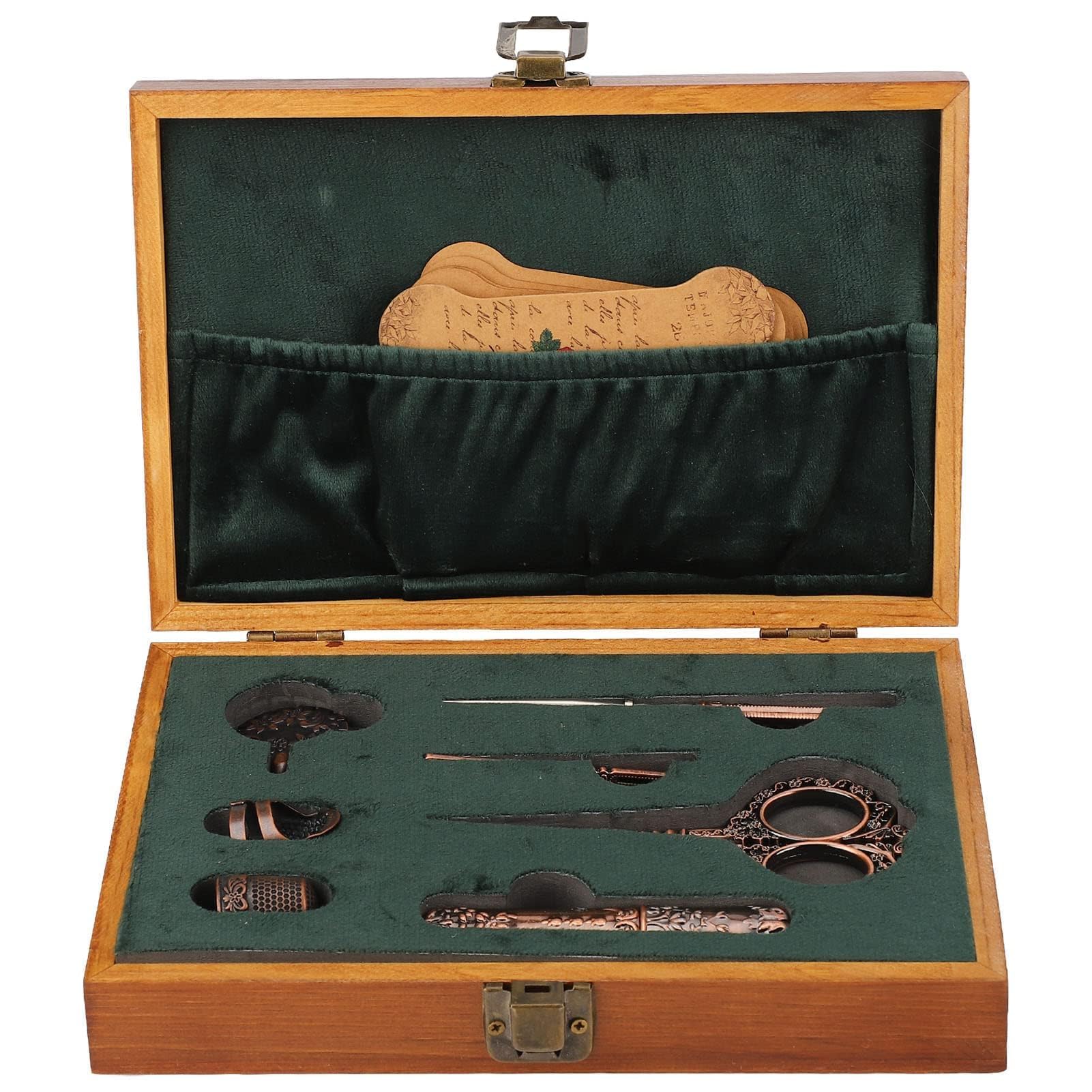 Pssopp Juego de Tijeras de Coser Kit de Tijeras de Bordar Tijeras Vintage Tijeras de Coser con Estuche para Agujas de Coser, Dedal, Enhebrador, Kit de Costura Completo para Bordado, Costura(Bronce)