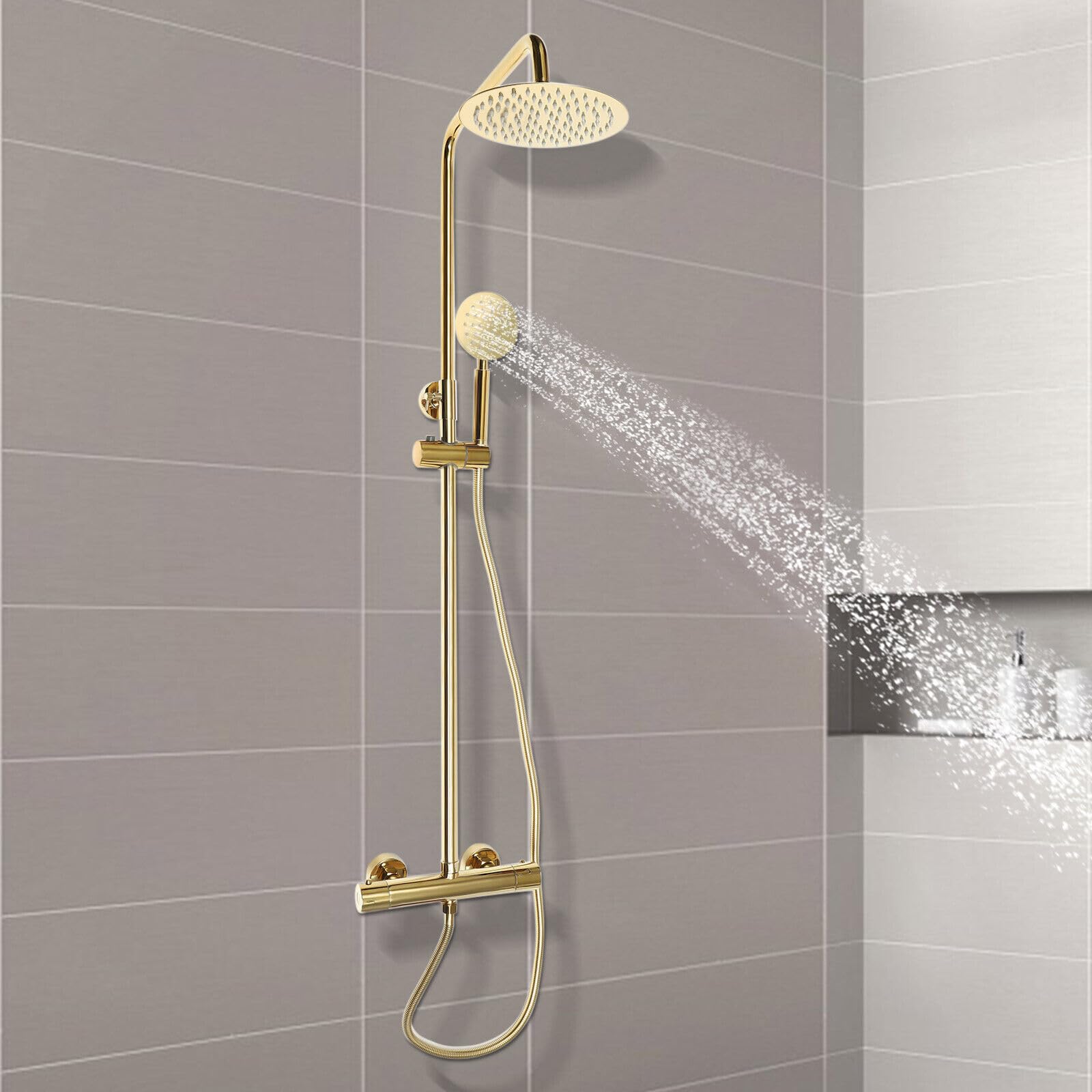 Duschsystem In Gold – Wandmontage Mit Regendusche, Handbrause Und Höhenverstellbarer Halterung