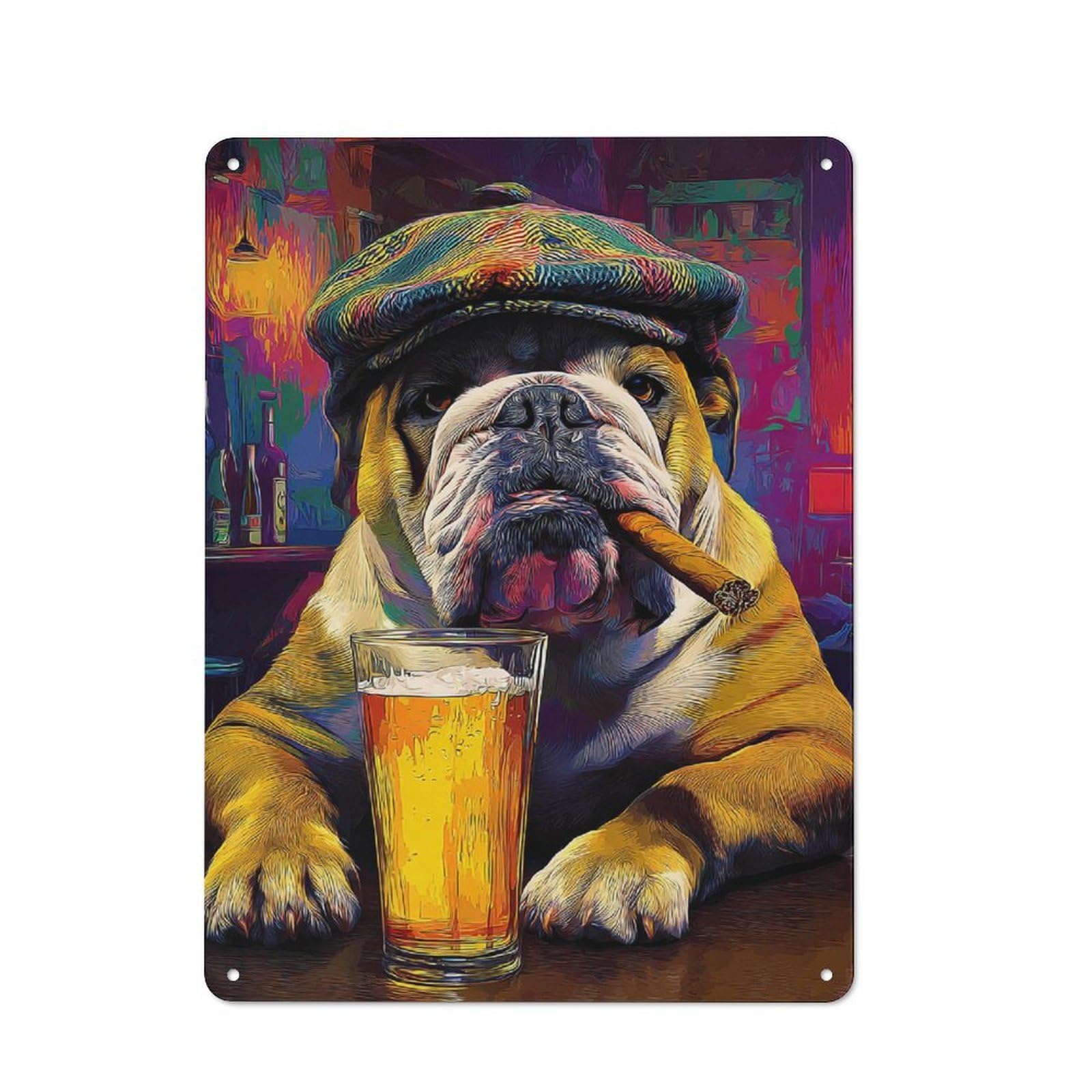 Junmoney Chill Bulldog With Beer And Cigar 40X30cm Rustic Tin Sign With For Studio Or Craft Room, Tin Sign Wall Decor For Studios And Craft Rooms