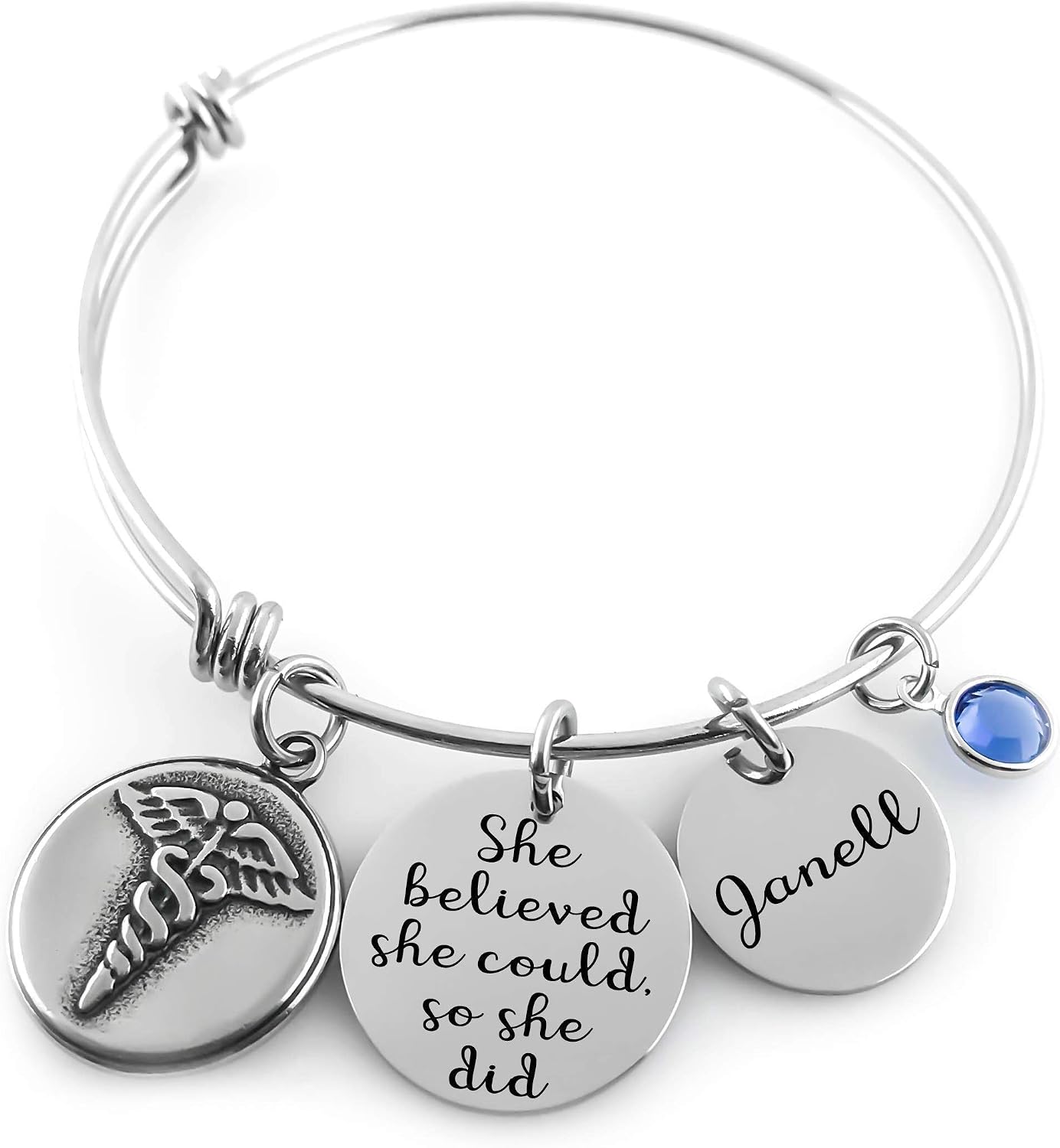 Medical Caduceus Bangle – “She Believed She Could So She Did” Bracelet – Personalized RN Gift for Nurse or Doctor – Graduation Jewelry with Caduceus, Name Disc & Birthstone – Nursing School Gift