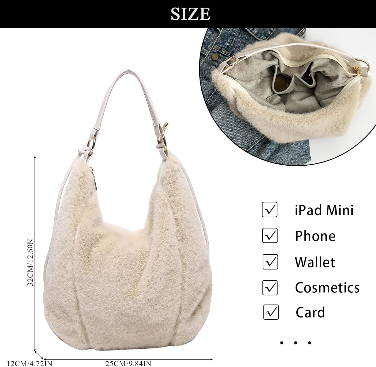 Fluffy Tote Bag Winter Fuzzy Purses for Women Faux Fur Bag with Strap Soft Furry Handbag Plush Crossbody Bags - Image 4