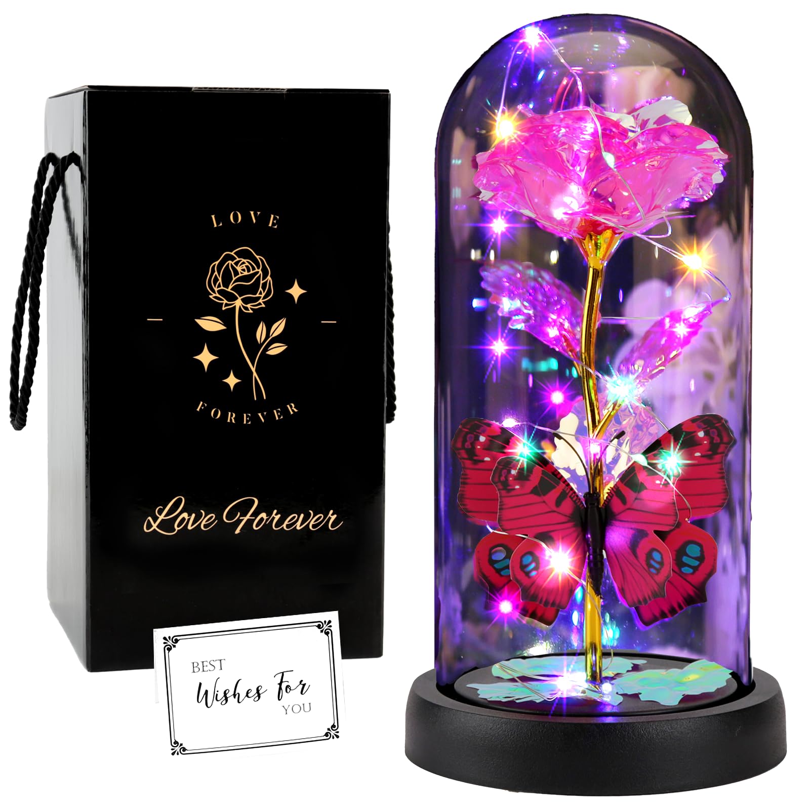 Rose Galaxie Lumineuse La Belle et la Bête avec Papillon dans Un dôme en Verre, Cadeau d'anniversaire Unique pour Petite Amie (Rose)