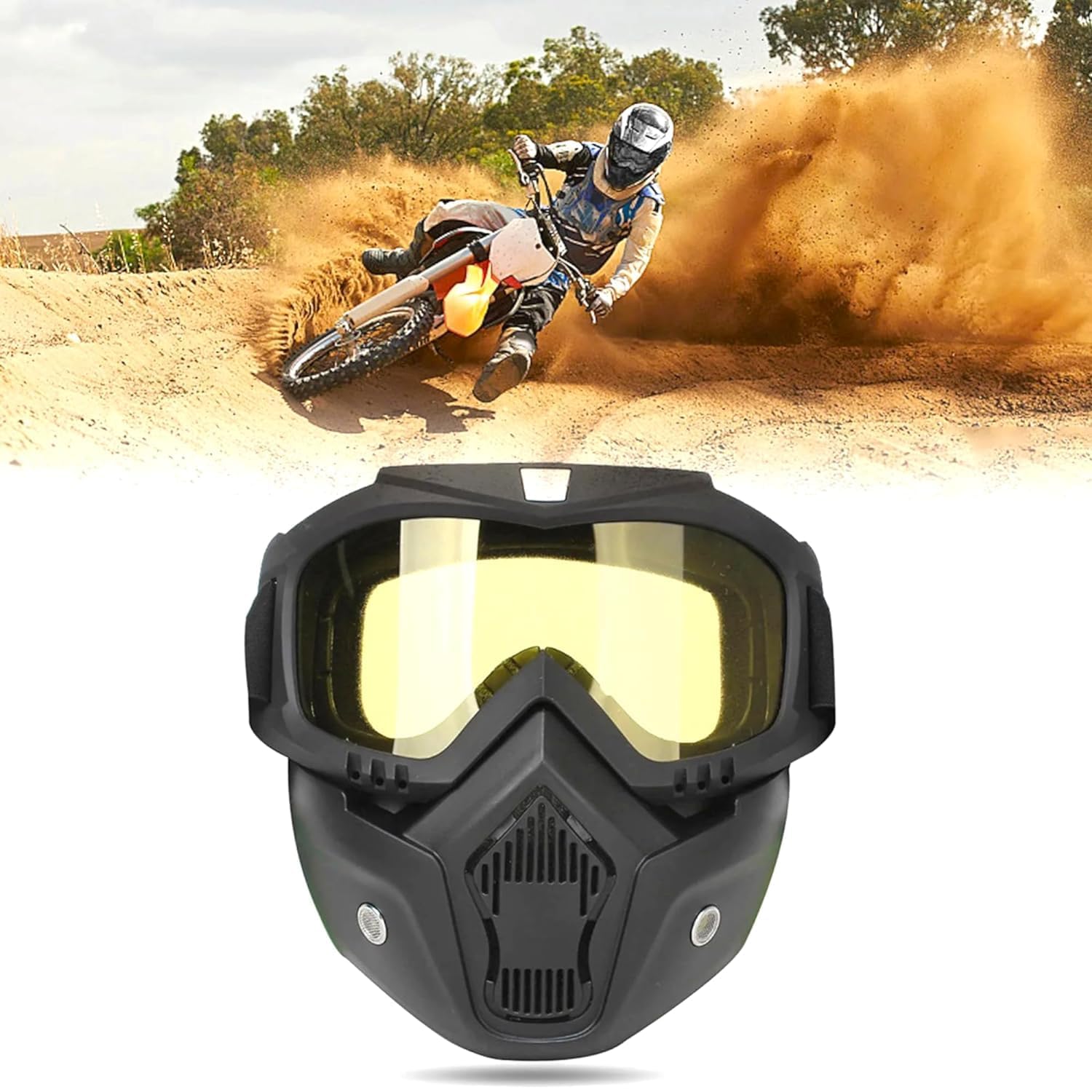 Sounce Anti Scratch Goggle Bike Mask, UV Protective Open Face & Eyewear Windproof Dirt Shield Adjustable Strap Soft Foam Padded Detachable for Cycling Bike Off Road Racing Riding Unisex - Yellow