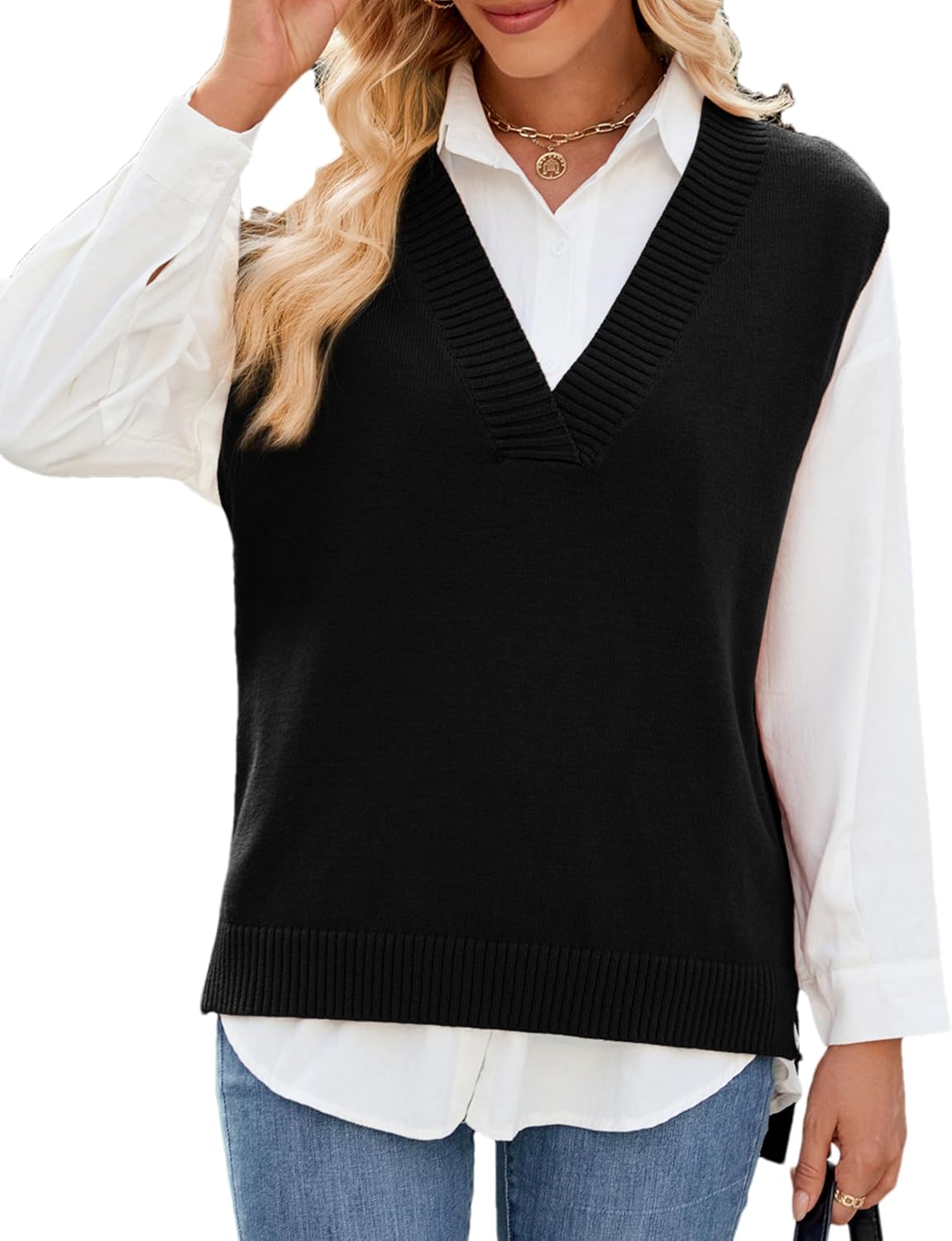 Zontroldy Women's 2025 Lightweight V-Neck Knit Sweater Vest Sleeveless Ribbed Casual Tank Top Spring Business Casual Pullover