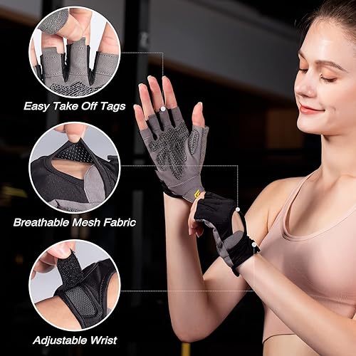 Miniatura 9 de Guantes de entrenamiento para mujeres y hombres, palma acolchada antideslizante para levantamiento de pesas, guantes de gimnasio ligeros sin dedos