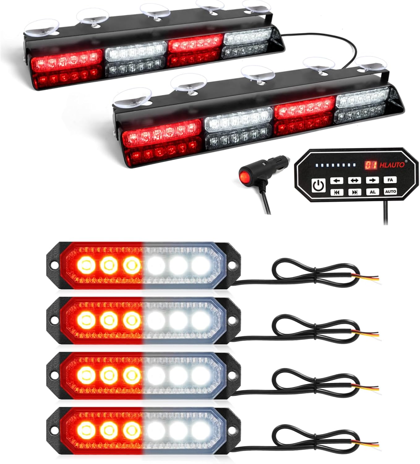 HLauto Bundle-2 items: 604N Emergency Dash Strobe Light, 2x16.8 Safety Light w/Take Down (Red White) + 4Pcs 6 LED Strobe Grille Light, 12V-24V Surface Mount Warning Light (Red White)