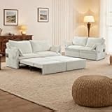 GRAINLLE King Size Pull Out Couch,3-in-1 Corduroy Sleeper Sofa with Pull Out Sofa Bed,USB & Side Storage,Convertible Loveseat Sleeper Couch for Living Room, Bedroom, pet-Friendly(Beige, 73.6'')