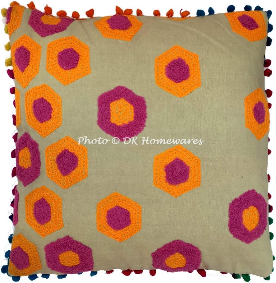 Indian Decorative Sofa Throw Pillowcases 16x16 Inch Cotton Terry Weave Embroidered Geometric Bohemian Square Cushion Covers (Size - 40x40 cm ; Color: Orange) - Set of 5 Pcs (Cover Only)