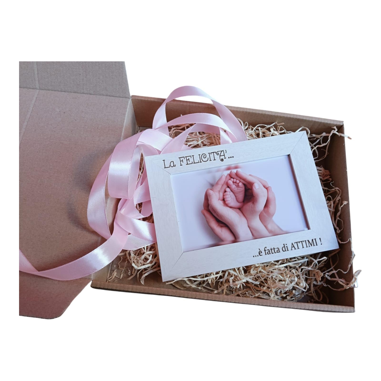 Bomboniere Battesimo Maschio Bomboniere Battesimo Bambina Cornice in Legno Naturale o Bianca Regalo Nascita in Scatola con Fiocco Regalo Neonato con Incisione Frase Felicità13x18 cm (15 pezzi)