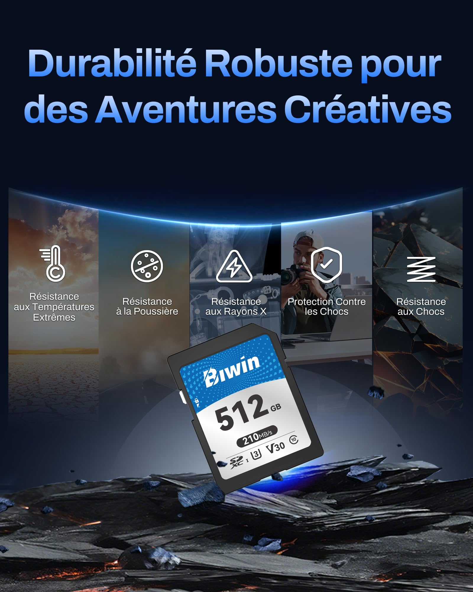 Carte SD Biwin SD210, 512 Go, SDXC V30 UHS-I, Classe 10, jusqu'à 210 Mo/s en Lecture. Robuste, Compatible 4K UHD. Idéale pour créateurs.