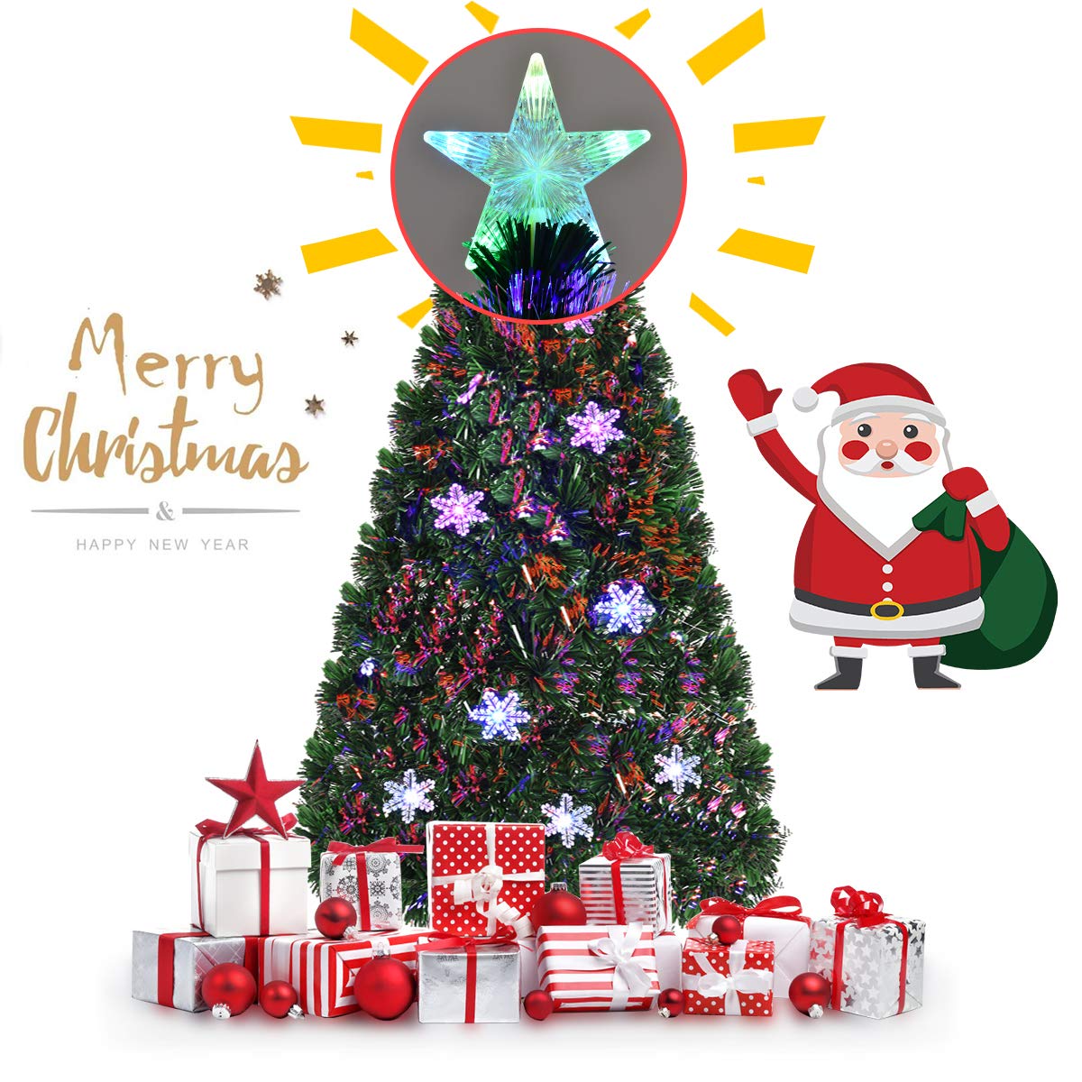 GOPLUS Árbol de Navidad Artificial de 180cm con Copos de Nieve | Árbol de Abeto con Fibra Óptica LED, Decoración Navideña y Soporte de Metal