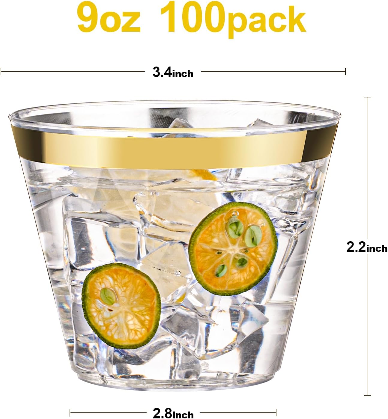 100 Pack 9 oz Gold Plastic Cups, Clear Disposable Cups with Gold Rim, Plastic Cocktail Glasses for Party & Graduation & Wedding - Image 2