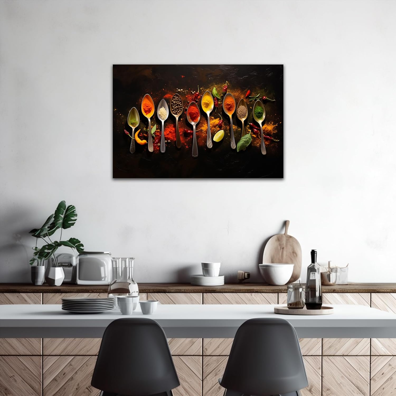 ANRUOXI Kitchen Canvas Wall Art Colorful Spice in Spoon Vintage Picture Dining Room Canvas Painting for Home Wall Decor, Spices Framed Artwork for Kitchen Restaurant Wall Decoration 24" Wx36 H Inches