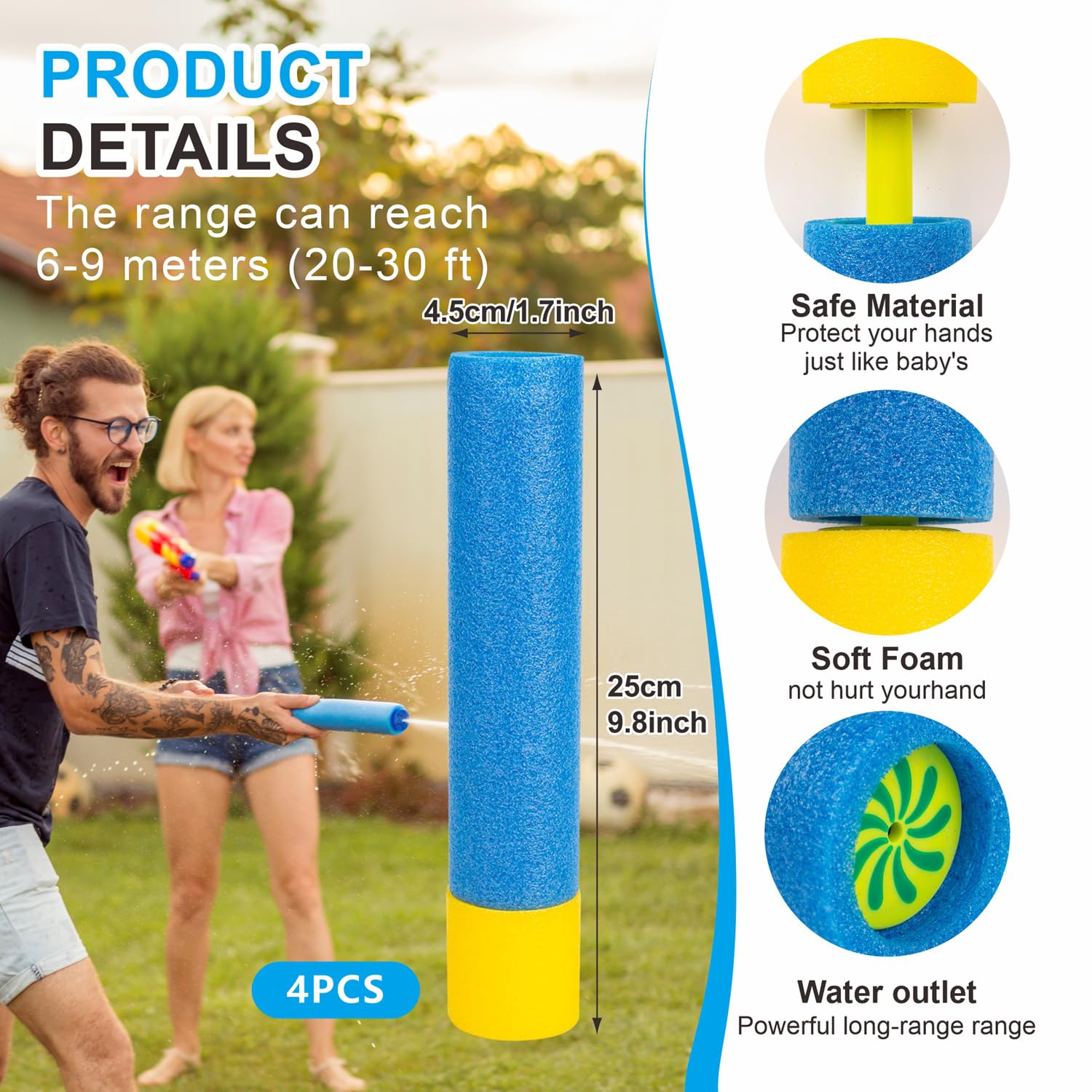 4pcs Foam Water Guns Water Pistols for Kids Water Blaster Shooters Push Pull Type Foam Water Squirter Water Gun Summer Outdoor Beach Pool Water Toys for Kids Toddlers Boys Girls - Image 2