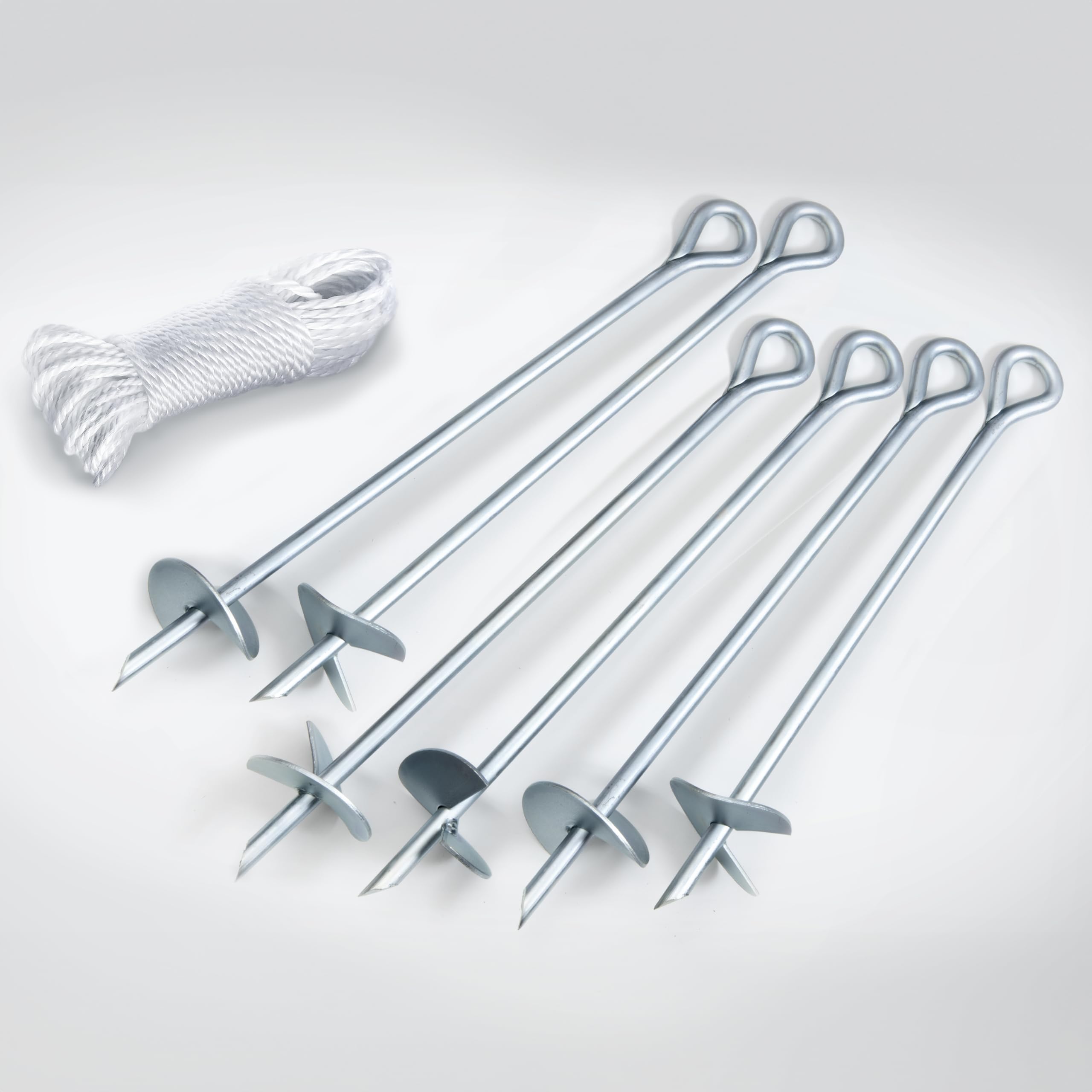 ShelterLogic ShelterAuger 6-Piece 15-Inch Reusable Heavy Duty Steel Earth Auger Anchor Kit with 40-Feet of Rope for Anchoring Shelters, Canopies, and Instant Garages , Silver