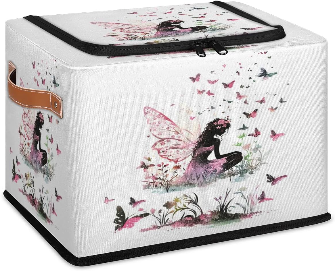 Flowers Fairy Butterflies Storage Box with Lid and Handles Foldable Cloth Storage Basket Bin Bags for Shelves Closet Shelf Toys Clothes Bed Sheets Organizer 2 Pack