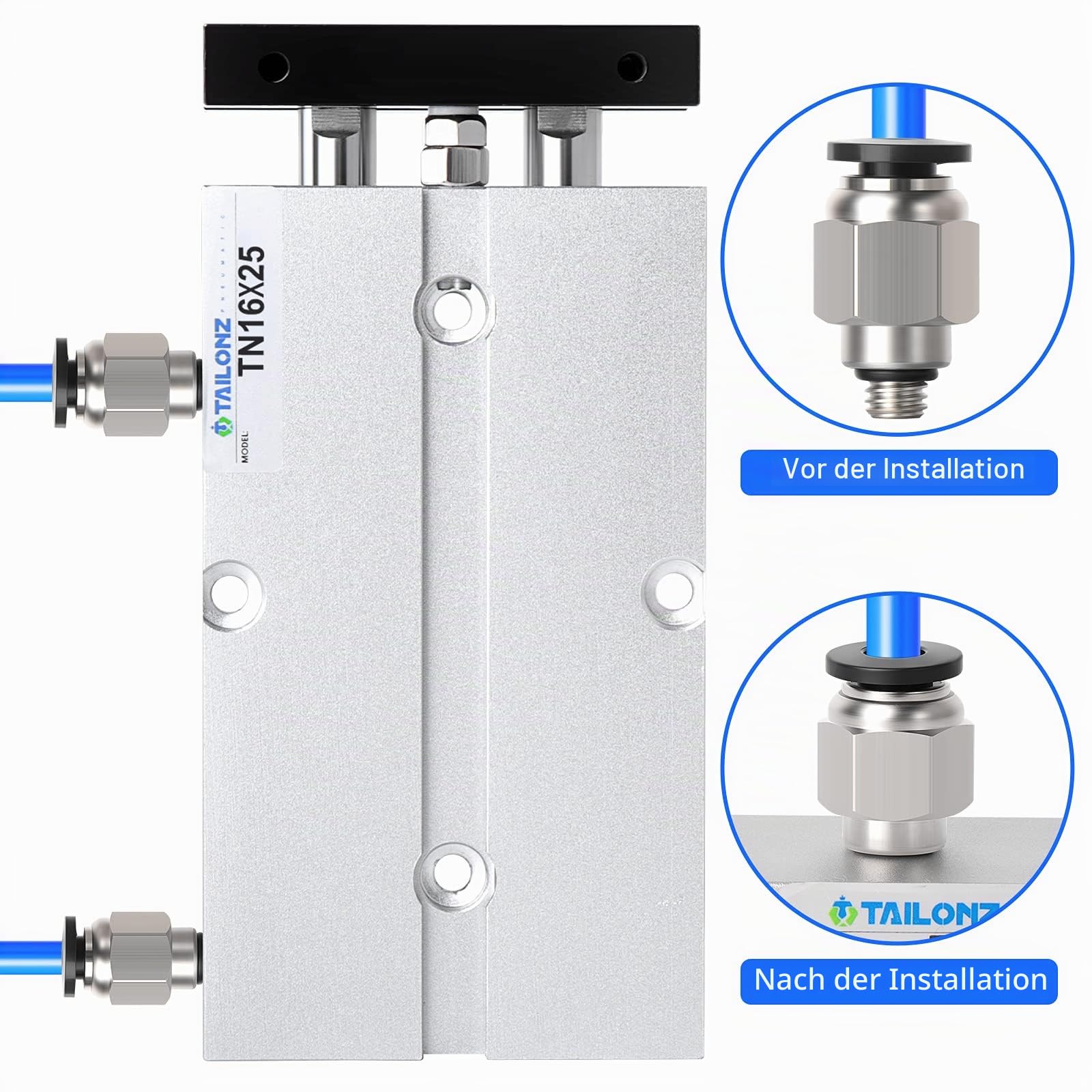 TAILONZ PNEUMATIC 16mm Bohrung 25mm Hub Doppelstange Doppeltwirkend Aluminium Druckluftzylinder TN16-25