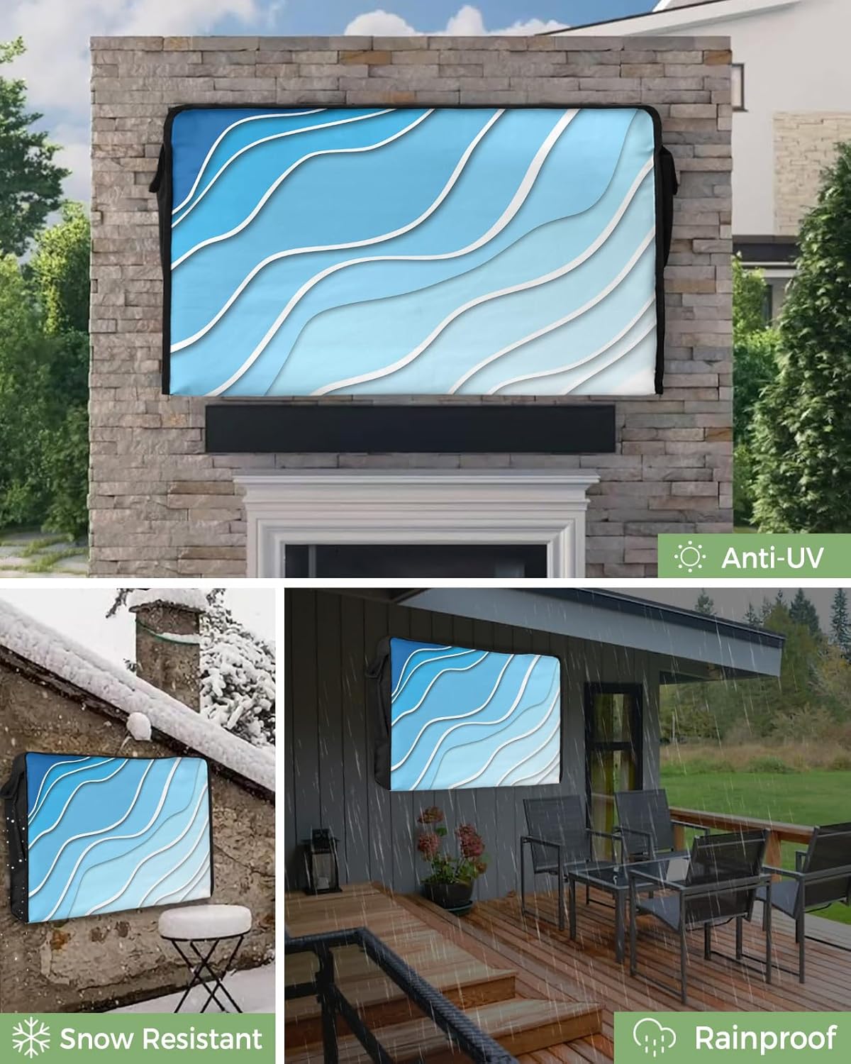 Outdoor TV Cover - Blue Ombre Abstract Sea Water Waterproof and Weatherproof 80"-85" LCD Movable Shield TV Display Screen Protector Outside Television Covers