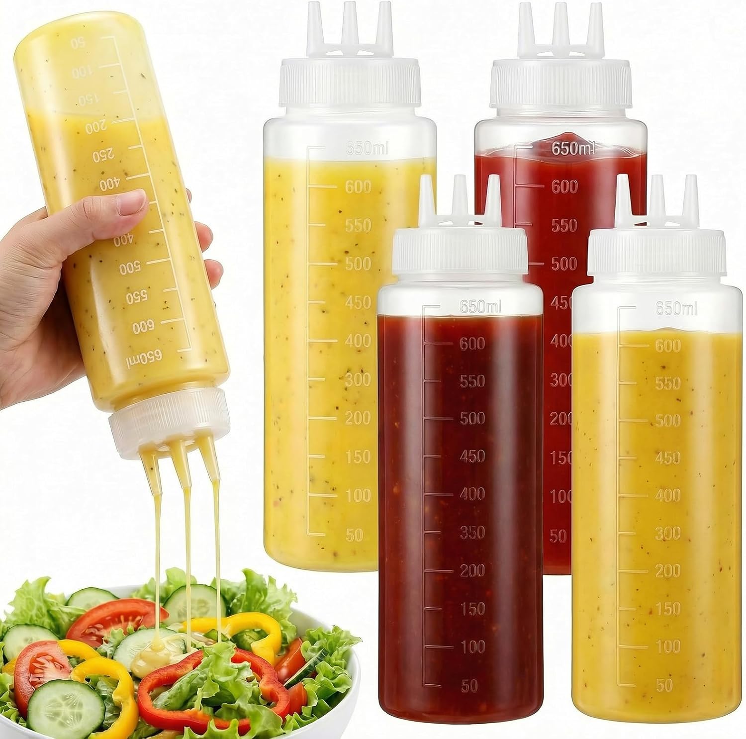 6 Pack 23oz Plastic Squeeze Condiment Bottles with 3 Holes Sauce Dispenser for Ketchup Dressing Oil Syrup Honey