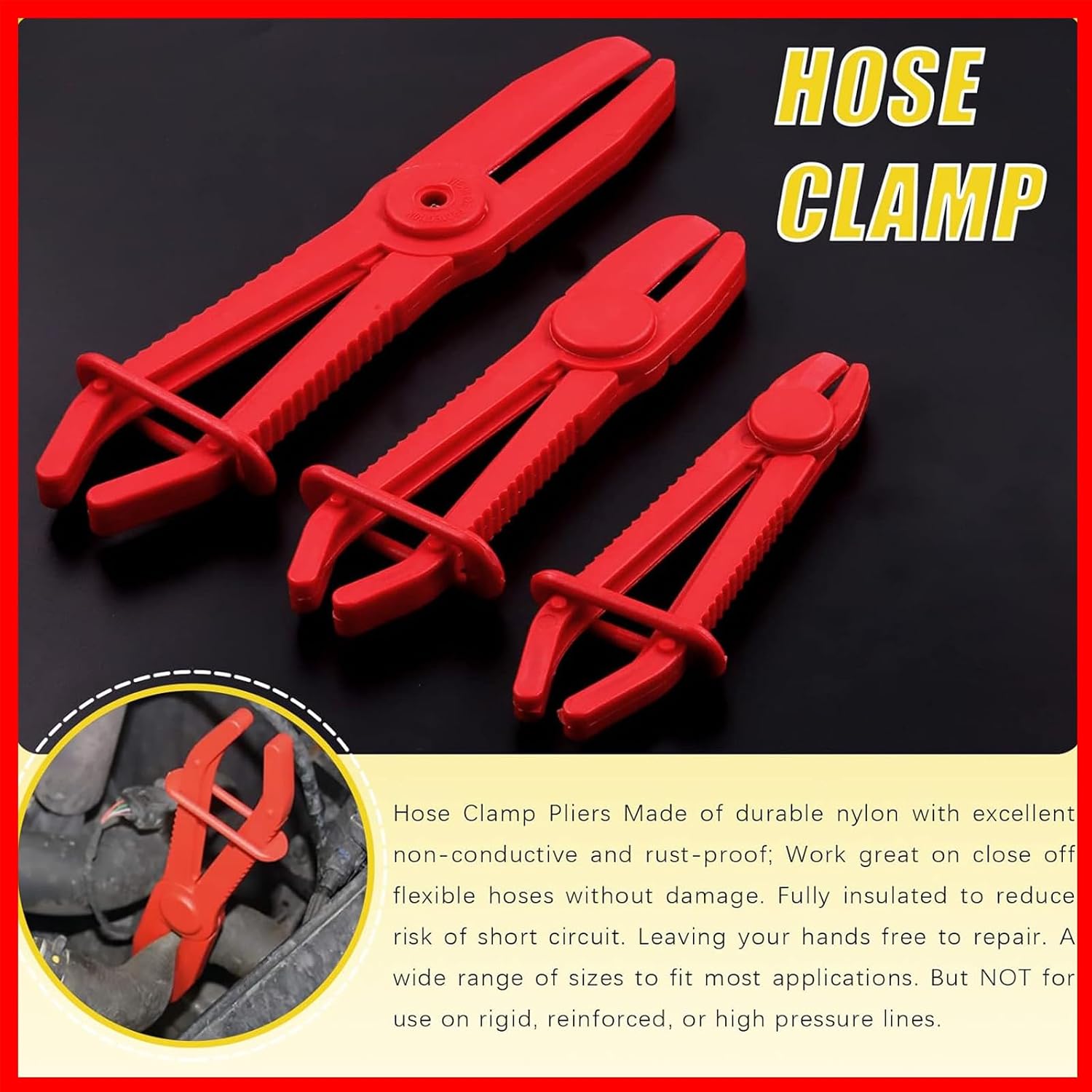 3 PCS Car Hose Cut-off Clamp Pliers, 6.10In 7.28In 9.84In Durable Plastic Vehicle Sealing Pliers Set for Fuel Hoses, Universal Waterproof Automotive Repair Accessories for Truck SUV Car (Red)
